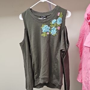 Womens Brand New Olive Floral Embroidered Top - Green Medium